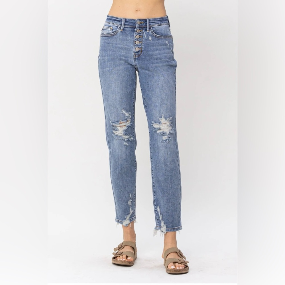 Judy Blue Button Fly Boyfriend Ankle Jeans Distress Light Blue Women’s Size 5/27
